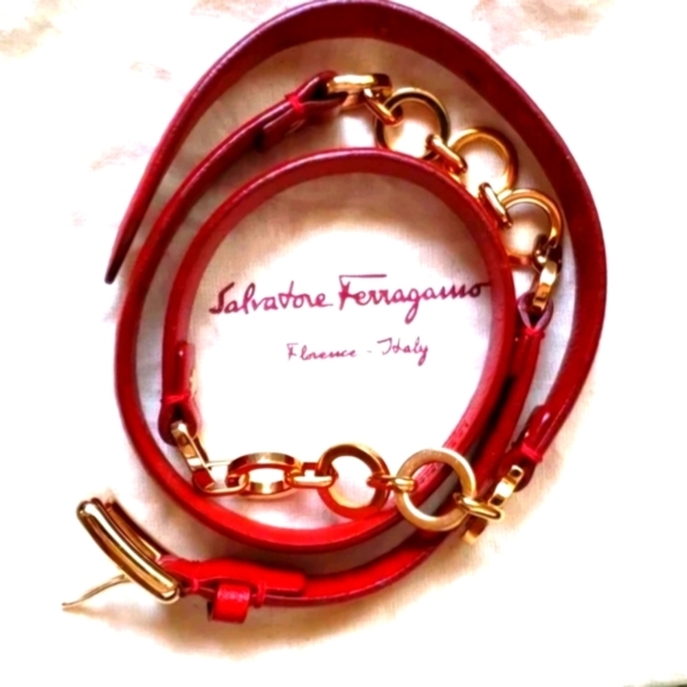 Salvatore Ferragamo red leather and gold chain belt. Like new.